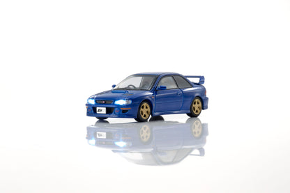 KYOSHO 1:64 Initial D Subaru Impreza WRX GC8 Bunta Fujiwara Blue diecast model car with gold wheels, rear wing and illuminated headlights