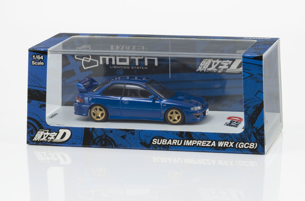 KYOSHO 1:64 Initial D Subaru Impreza WRX GC8 Bunta Fujiwara Blue diecast model car with gold wheels and display case
