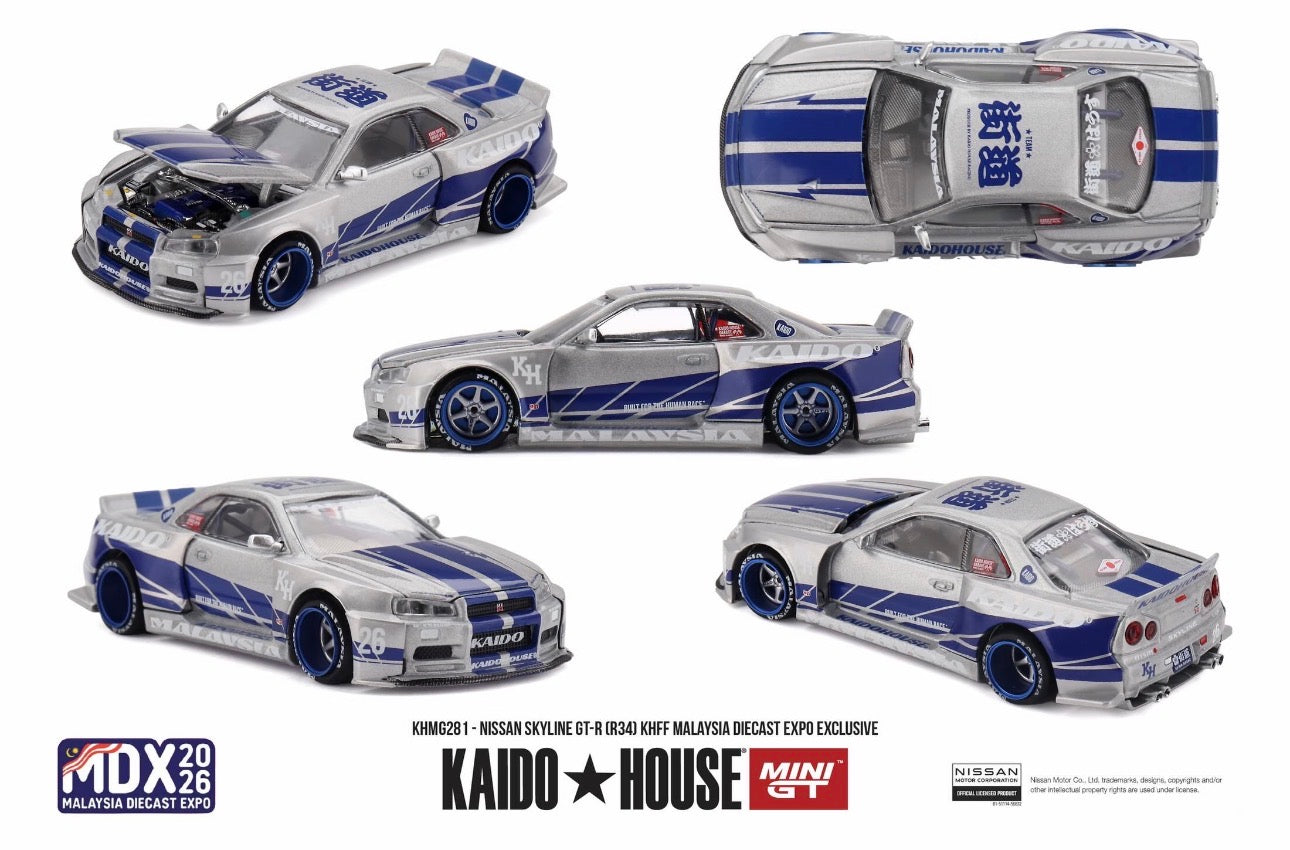 A 1/64 scale model car shown from five different angles (front, rear, top, and three three-quarter views) on a white background. The car is a silver Nissan Skyline R35 with blue and white racing livery, featuring the Kaido House Malaysia Declass Expo Exclusive branding.