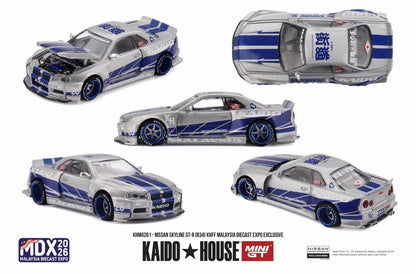 A 1/64 scale model car shown from five different angles (front, rear, top, and three three-quarter views) on a white background. The car is a silver Nissan Skyline R35 with blue and white racing livery, featuring the Kaido House Malaysia Declass Expo Exclusive branding.