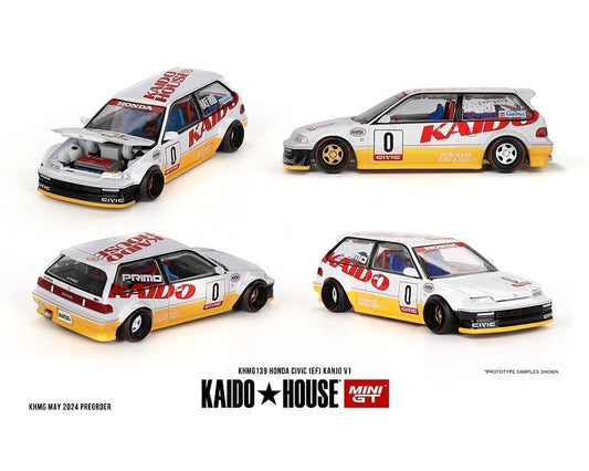 Kaido House x Mini GT 1:64 Honda Civic (EF) Kanjo V1 – White/Yellow KHMG139