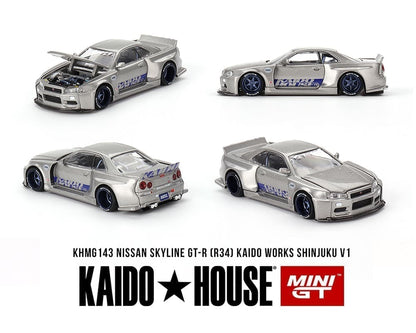 Kaido House x Mini GT 1:64 Nissan Skyline GT-R (R34) Kaido Works SHINJUKU V1 – Silver KHMG143