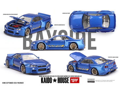 Kaido House x Mini GT 1:64 Nissan Skyline GT-R (R34) Kaido Works (V2 Aero) SHINJUKU V2- Blue (Preorder)