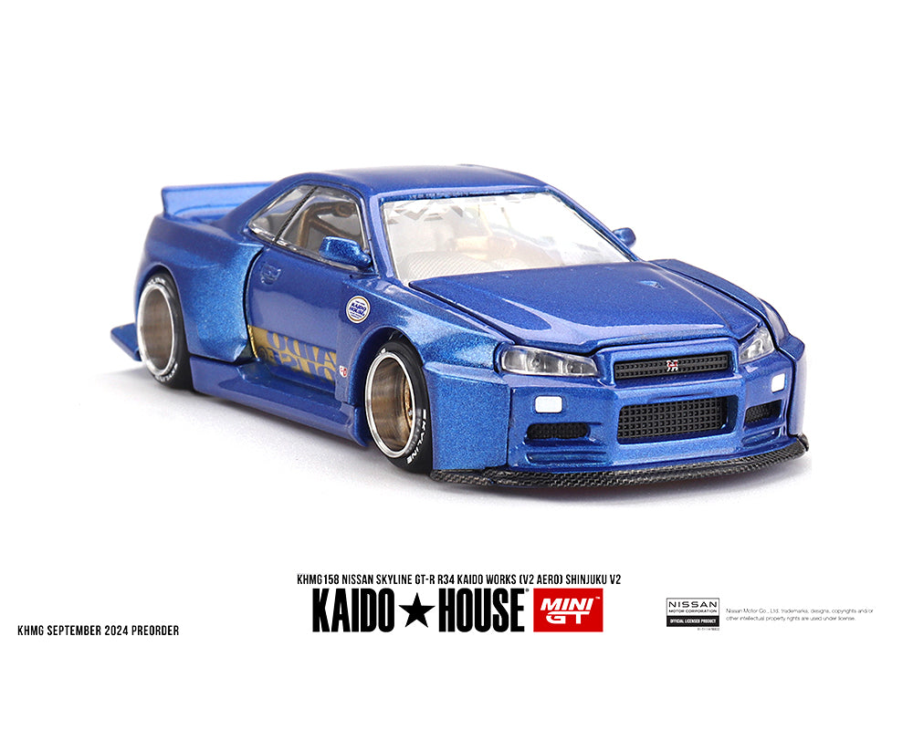 Kaido House x Mini GT 1:64 Nissan Skyline GT-R (R34) Kaido Works (V2 Aero) SHINJUKU V2- Blue (Preorder)