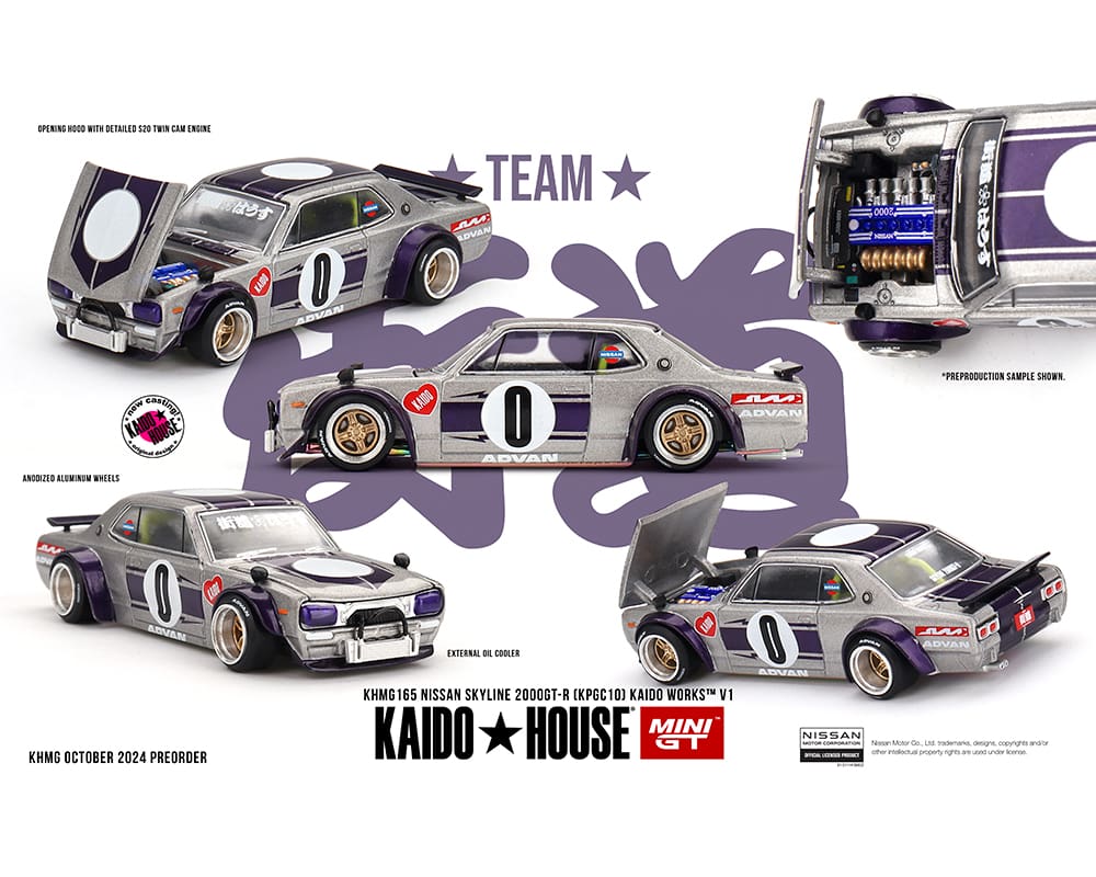 Kaido House x Mini GT 1:64 Nissan Skyline GT-R (KPGC10) Kaido Works V1 – Silver (Preorder)
