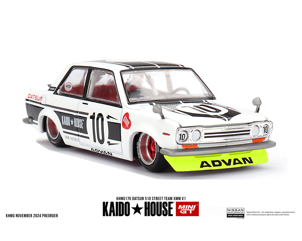 Kaido House x Mini GT 1:64 Datsun 510 Street Team XMM V1- White (Preorder)