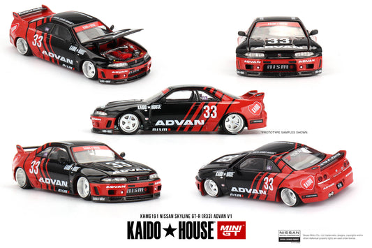 A collage of images showing a diecast model of a Nissan Skyline GT-R (R33) in black and red 'Kaido Works ADVAN' livery from the Mini GT 1:64 series.