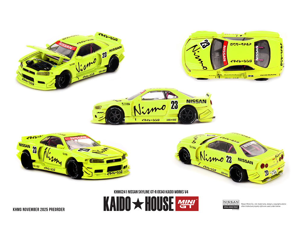 Set of five yellow Nissan R34 model cars with branding on a white background