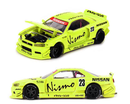 Two neon green model cars with 'Nissan R34' and 'Vismo' branding on a white background.