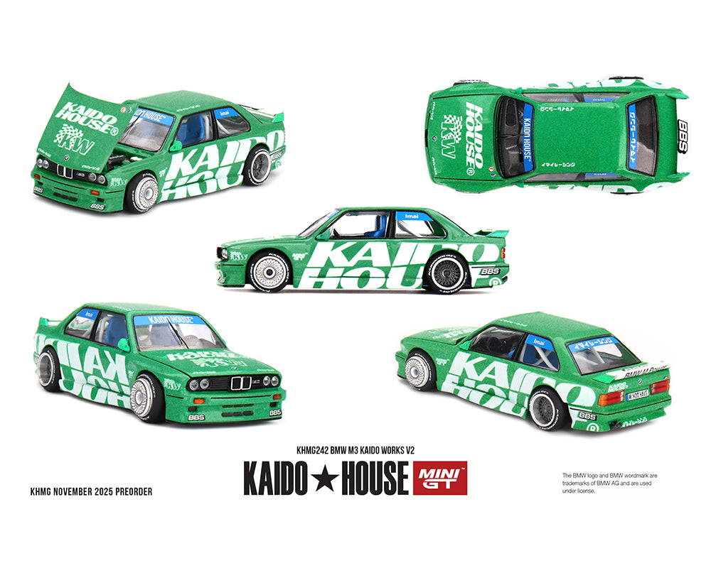 Green BMW M3 model cars with 'Kaido House' branding on a white background
