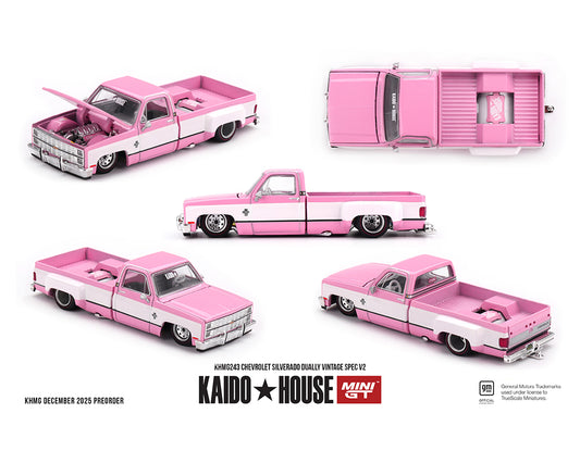 Pink and white model truck with open and closed doors, displayed from multiple angles on a white background. Kaido House and Mini GT logos are visible.