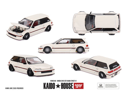 Model car of a Honda Civic with multiple views on a white background, featuring Kaido House and Mini GT logos.