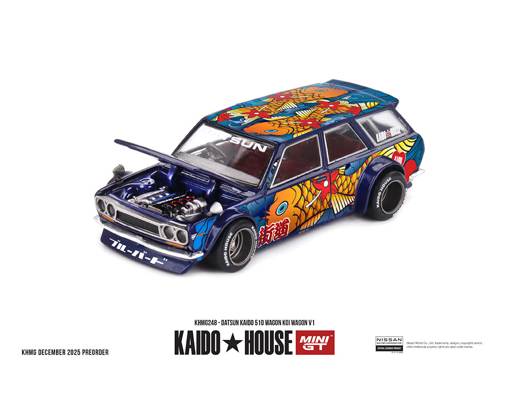 Colorful model car with detailed design on a white background, featuring Kaido House and Mini GT logos.