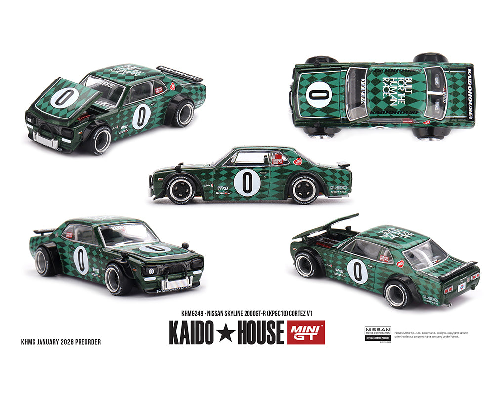 Green race car model with number 0 on a white background, featuring Kaido House and Min GT branding.