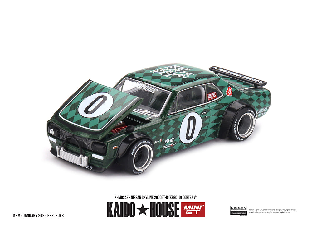 Model car with green and black checkered design on a white background, featuring Kaido House and Min GT branding.