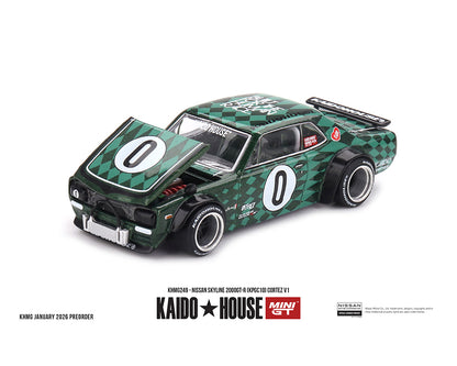 Model car with green and black checkered design on a white background, featuring Kaido House and Min GT branding.