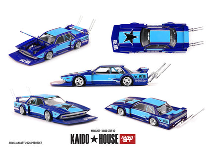 Collection of blue model cars with open doors on a white background, featuring Kaido House branding.