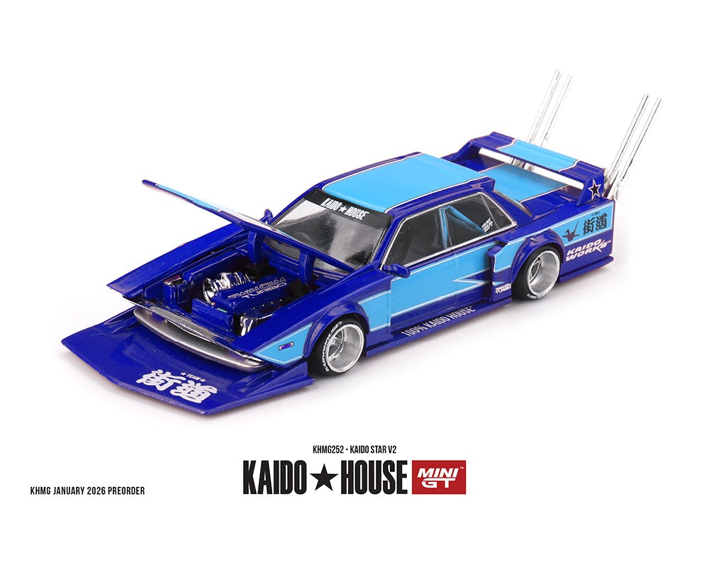 Blue model car with open doors on a white background, featuring Kaido House branding.