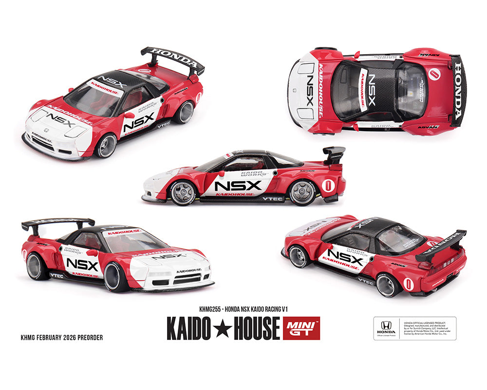 Set of five red and white Honda NSX model cars on a white background, featuring Kaido House branding.