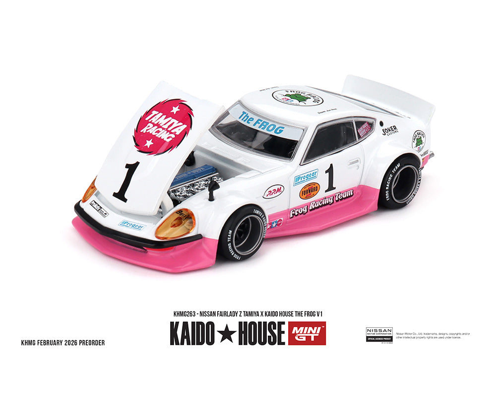 Model car with pink and white design on a white background