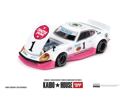 Model car with pink and white design on a white background