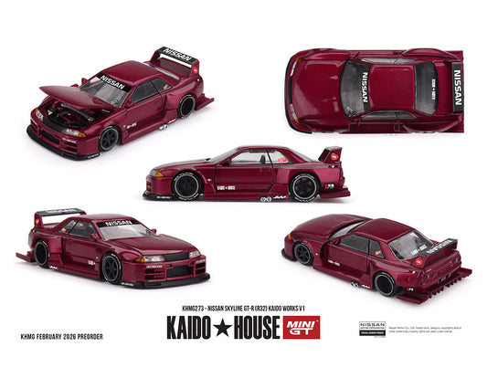 Model car of a Nissan Skyline GT-R R32 with multiple views on a white background, featuring Kaido House branding.