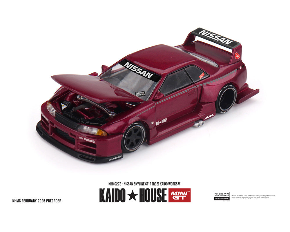 Model car of a Nissan vehicle with open hood on a white background, featuring Kaido House branding.