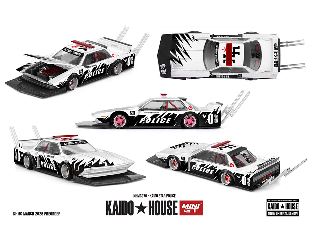 Model police cars with Kaido House branding on a white background