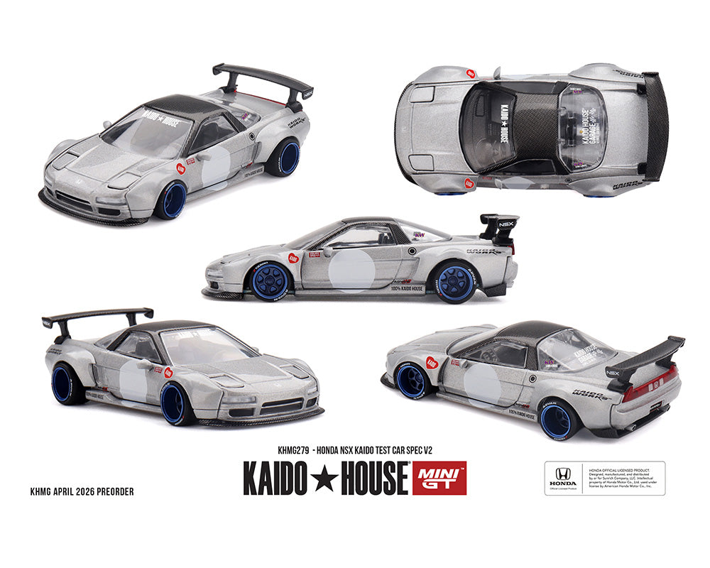 Model cars of Honda NSX Kaido Test Car Spec V2 by Kaido House Mini GT on a white background