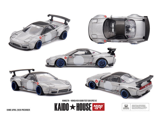 Model cars of Honda NSX Kaido Test Car Spec V2 by Kaido House Mini GT on a white background