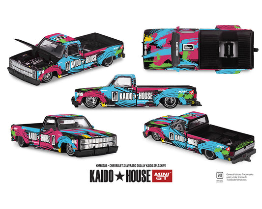 Colorful model trucks with 'Kaido House' branding on a white background