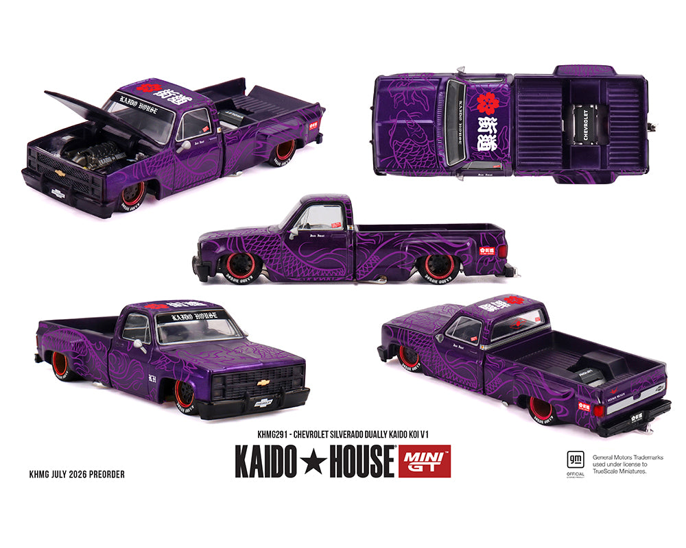 A 1/6 scale diecast model of a customized purple Chevrolet Silverado pickup truck by Kaido House Mini GT, shown from five different angles on a white background.