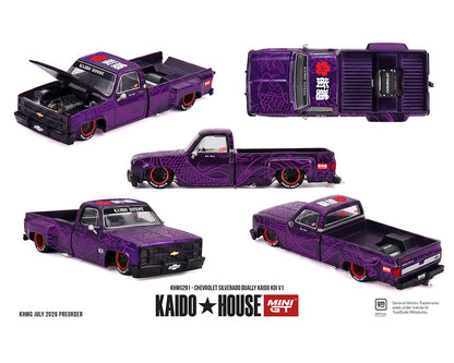 A 1/6 scale diecast model of a customized purple Chevrolet Silverado pickup truck by Kaido House Mini GT, shown from five different angles on a white background.