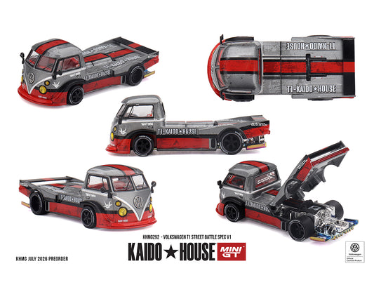 A product presentation of a Kaido House Mini GT RC car shown from five different angles (front three-quarter, rear three-quarter, top-down, and open hood view) on a clean white background. The car features a silver-gray Volkswagen T1 flatbed truck chassis with a red and black racing livery, including 'Kaido House' and 'Volkswagen' branding.