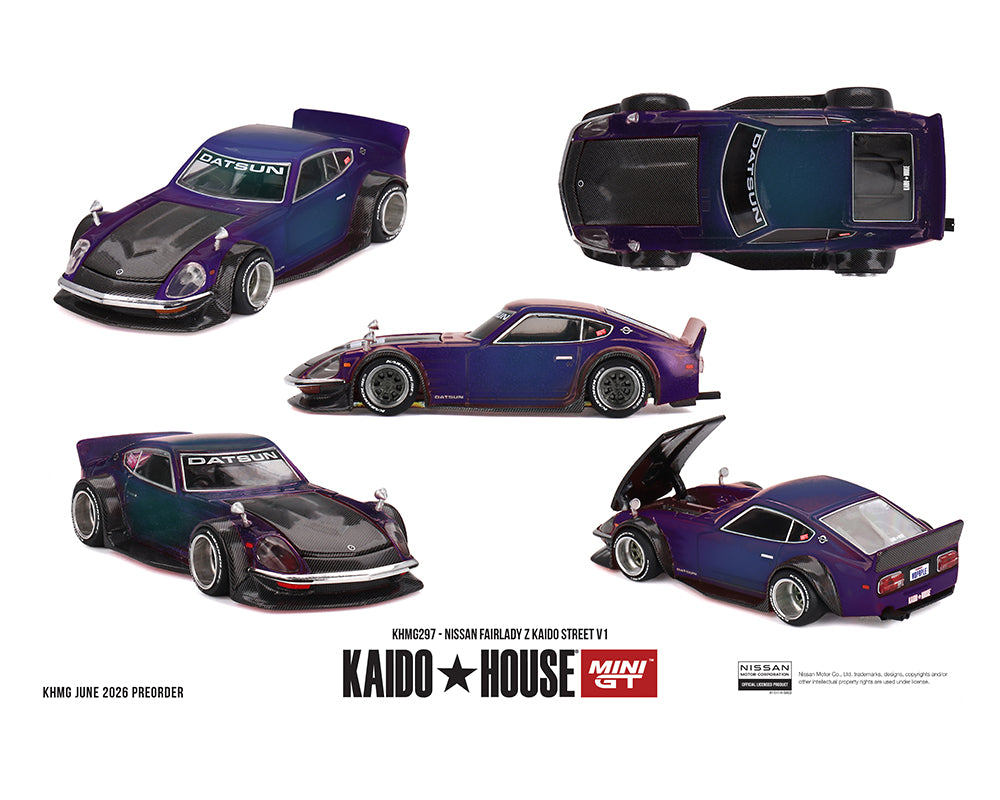 Model car of a Nissan Fairlady Z with multiple views on a white background, featuring Kaido House and Min GT branding.