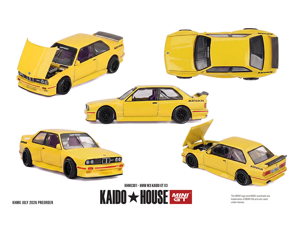 Yellow Kaido House Mini GT 1:43 scale model car shown from multiple angles on a white background, including front, rear, side, and top-down views. The print includes the Kaido House Mini GT branding and release text.