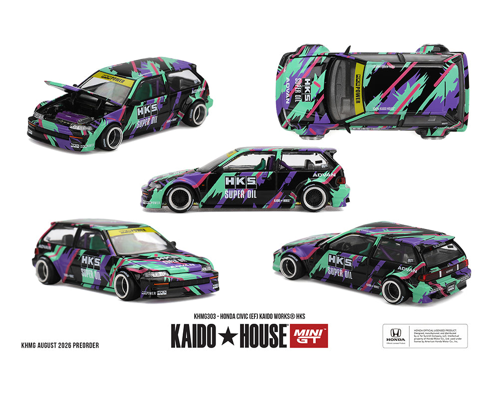 A 1:64 scale model car shown from five angles on a white background, featuring a vibrant multicolor wrap design with purple, green, pink, and black geometric patterns and 'HKS' branding. The model is identified as a Honda Civic with a Kaido House Mini GT collaboration.