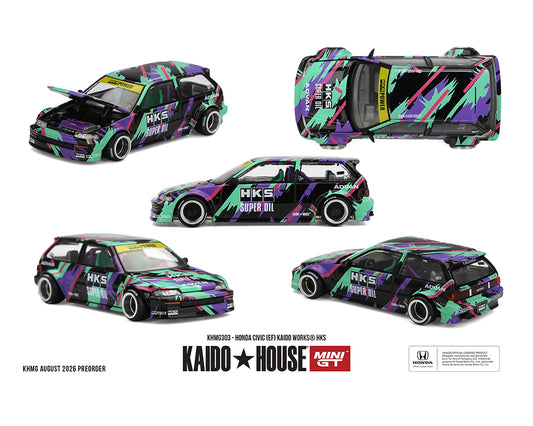 A 1:64 scale model car shown from five angles on a white background, featuring a vibrant multicolor wrap design with purple, green, pink, and black geometric patterns and 'HKS' branding. The model is identified as a Honda Civic with a Kaido House Mini GT collaboration.