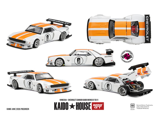 Collection of model cars with orange and white stripes on a white background, featuring Kaido House and Min GT logos.