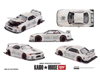 A white Kaido House Nissan Skyline GT-R (B18) Series VI model car shown from four angles (three three-quarter views and one top-down view) on a white background, with the Kaido House Mini GT logo at the bottom.