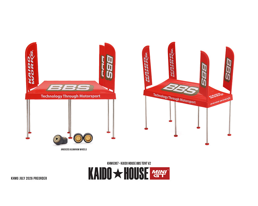 Two red BBS branded canopy tents with silver aluminum legs, shown on a white background with two small wheel graphics below. The image includes Kaido House Mini GT branding at the bottom.