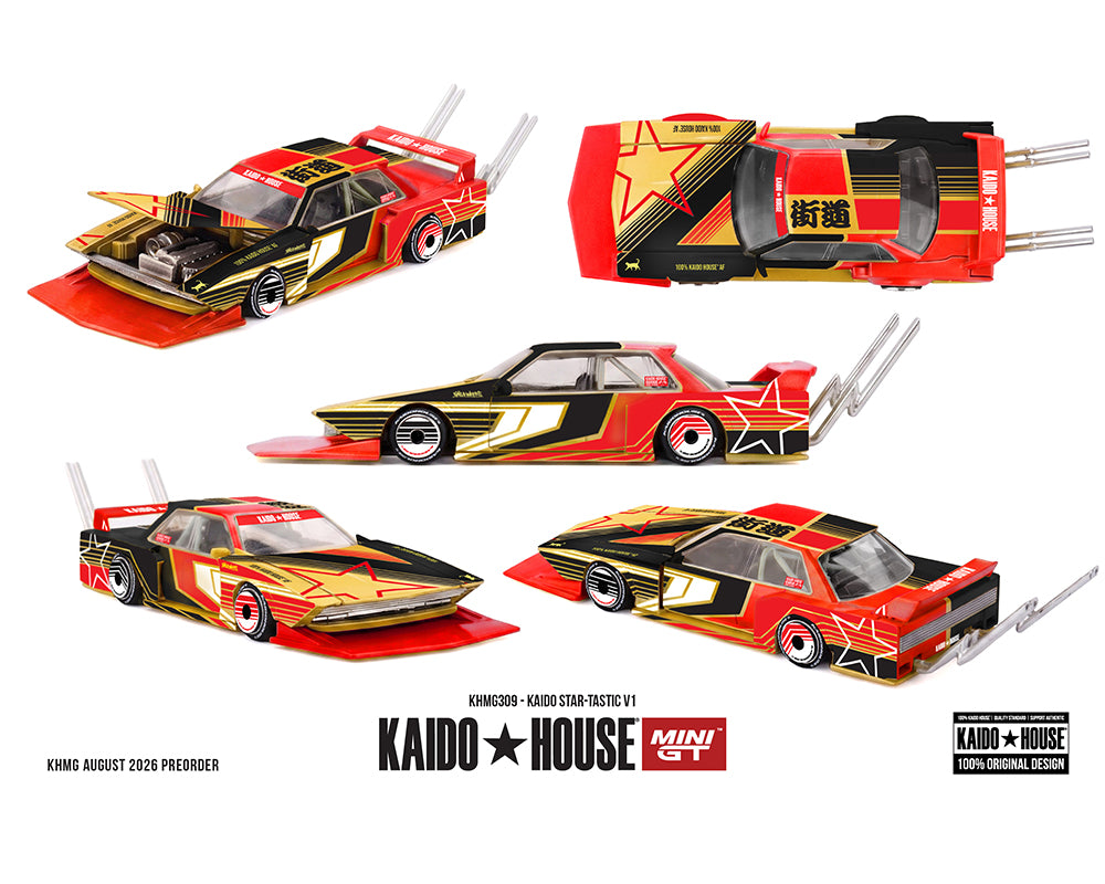 Four views of a Kaido House Mini GT toy car on a white background, showing the front, rear, side, and top-down angles of a red, black, and gold Japanese-style sports car.