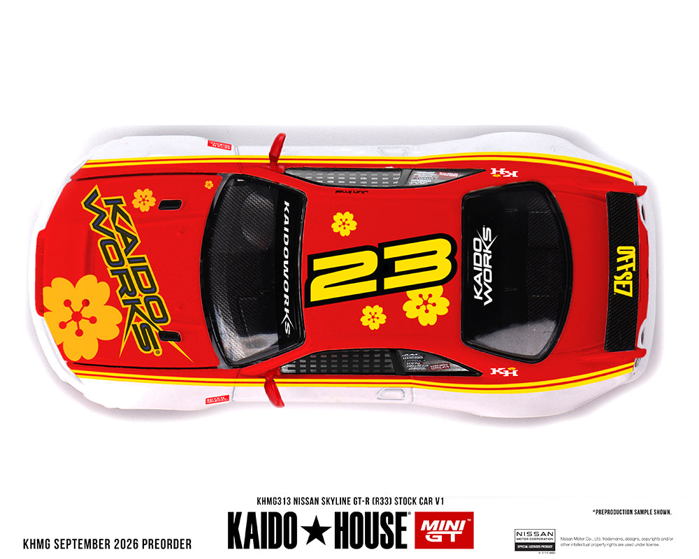 Kaido House Mini GT KHMG313 1:64 Nissan Skyline GT-R R33 Stock Car V1 diecast model top view showing red and white Kaido Works #23 racing livery and widebody design