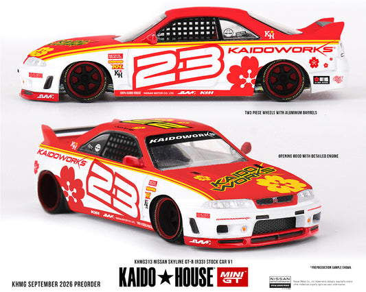 Kaido House Mini GT KHMG313 1:64 Nissan Skyline GT-R R33 Stock Car V1 diecast model in red and white Kaido Works #23 racing livery with opening hood, detailed engine and two-piece wheels
