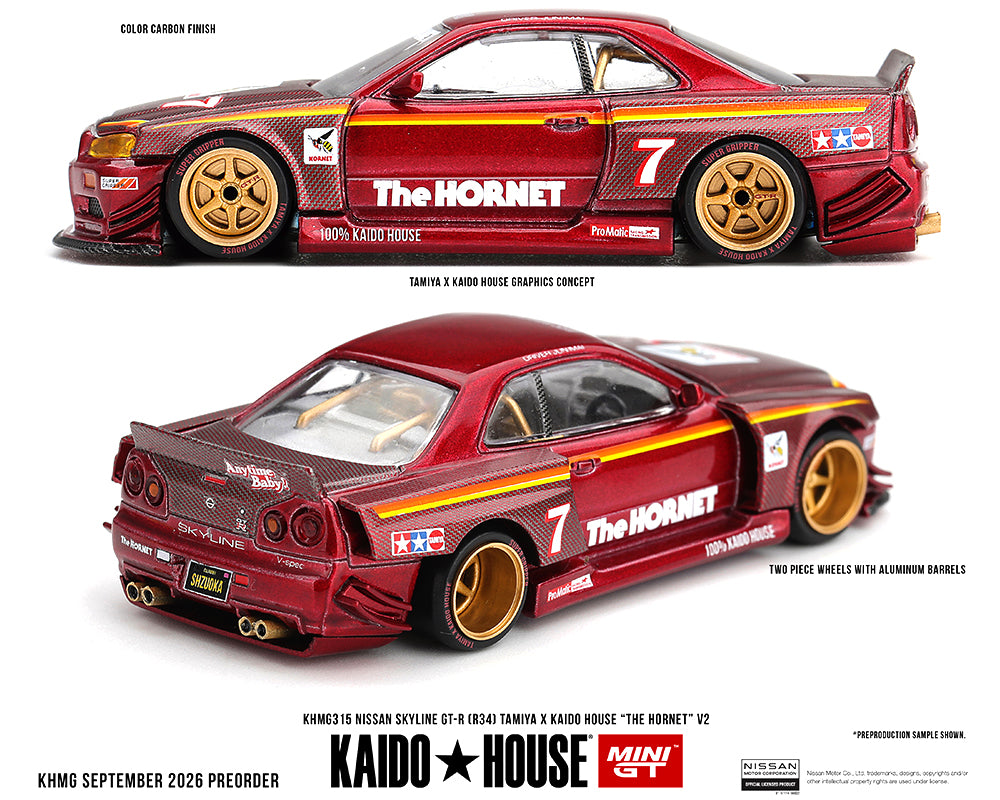 Red Kaido House Mini GT 1:64 Nissan Skyline GT-R R34 KHMG315 The Hornet V2 Tamiya livery diecast model with gold wheels and carbon finish