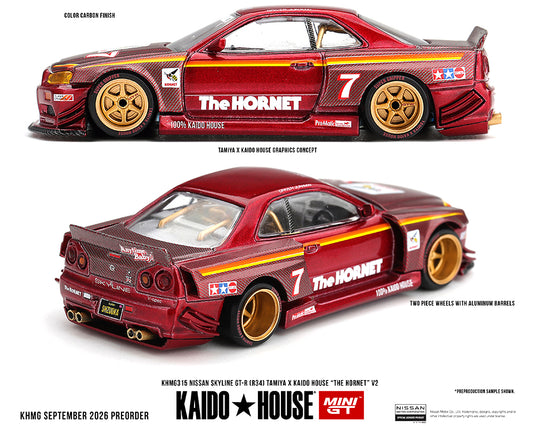 Red Kaido House Mini GT 1:64 Nissan Skyline GT-R R34 KHMG315 The Hornet V2 Tamiya livery diecast model with gold wheels and carbon finish