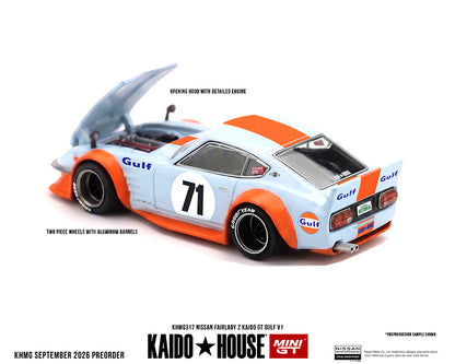 Kaido House Mini GT KHMG317 1:64 Nissan Fairlady Z Kaido GT Gulf V1 diecast model with opening hood, detailed engine, #71 Gulf racing livery and two-piece wheels