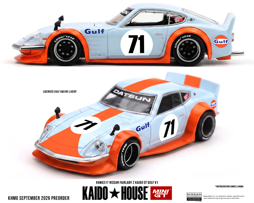 Kaido House Mini GT KHMG317 1:64 Nissan Fairlady Z Kaido GT Gulf V1 diecast model in light blue and orange #71 Gulf racing livery, shown in side and front three-quarter views