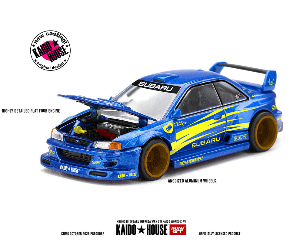 Kaido House x Mini GT 1:64 Subaru Impreza WRX STI Kaido Works V1 KHMG318 Blue Diecast Model Car Front Three Quarter View with Opening Hood, Detailed Flat Four Engine, Yellow Racing Graphics and Gold Wheels