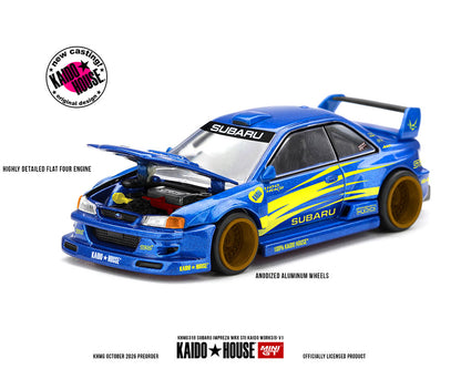 Kaido House x Mini GT 1:64 Subaru Impreza WRX STI Kaido Works V1 KHMG318 Blue Diecast Model Car Front Three Quarter View with Opening Hood, Detailed Flat Four Engine, Yellow Racing Graphics and Gold Wheels